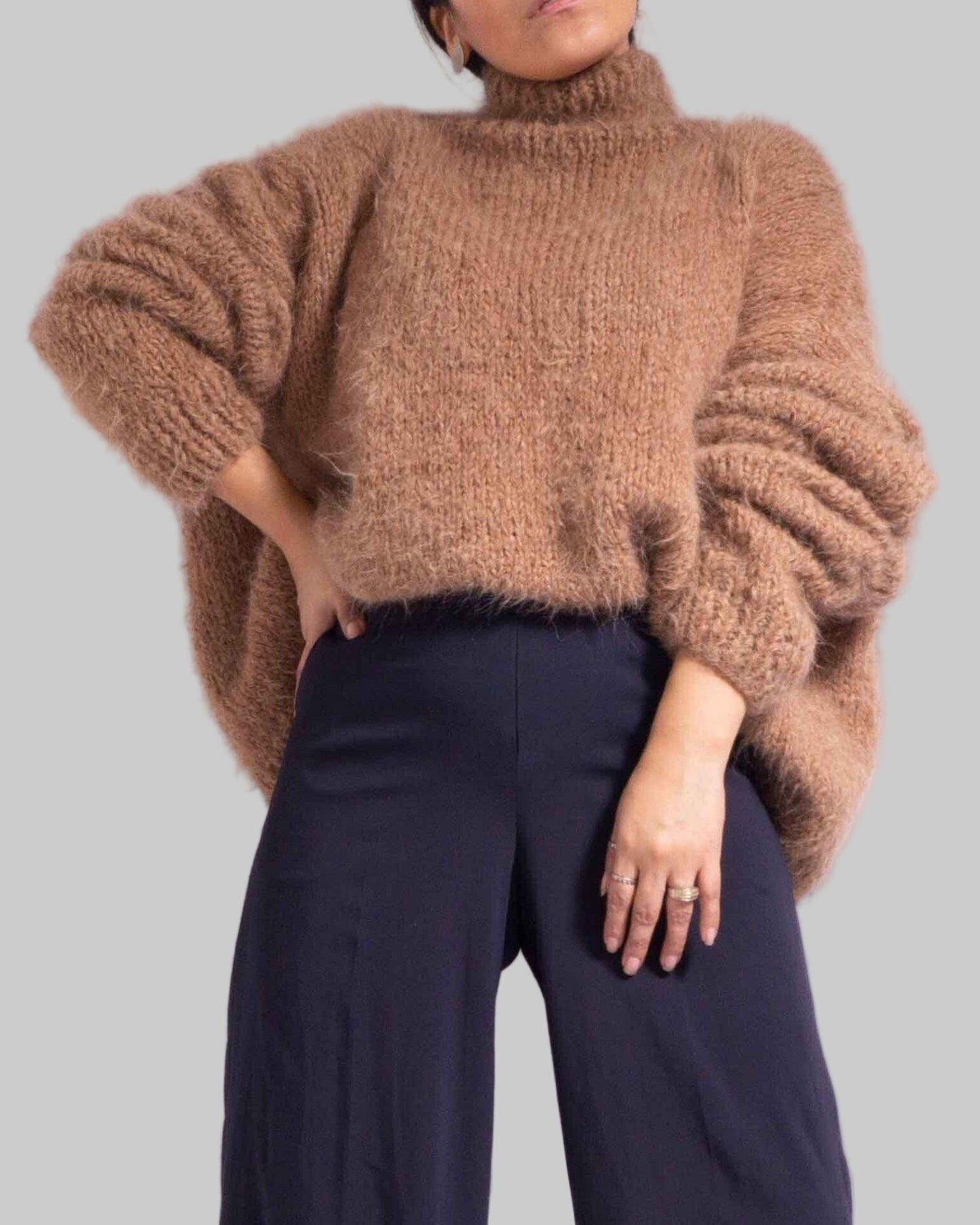 Hand Knit Camel Suri Alpaca Turtleneck Sweater | Oversized Chunky Knit