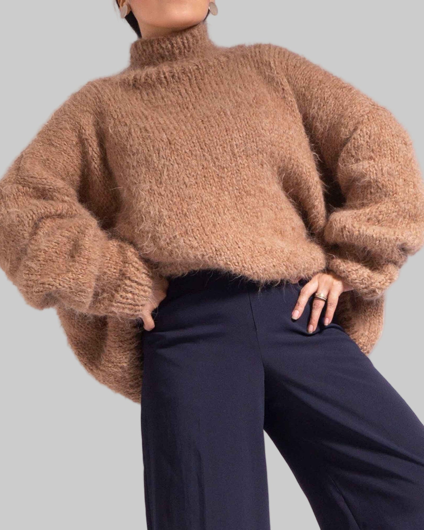 Hand Knit Camel Suri Alpaca Turtleneck Sweater | Oversized Chunky Knit