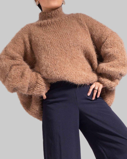 Hand Knit Camel Suri Alpaca Turtleneck Sweater | Oversized Chunky Knit
