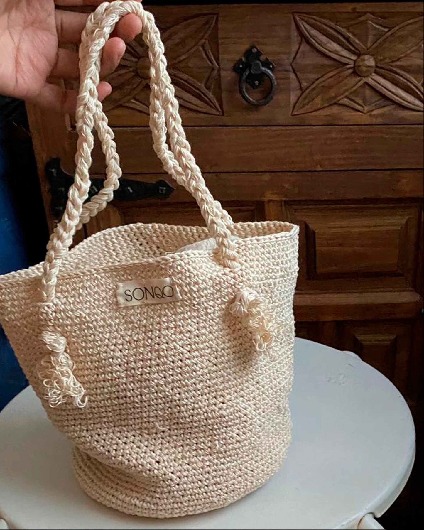 Handmade Crochet Cotton Tote Bag | Short Strap Wrist Bag