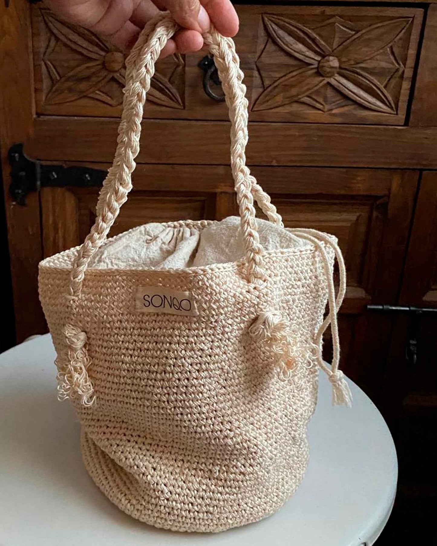 Handmade Crochet Cotton Tote Bag | Short Strap Wrist Bag