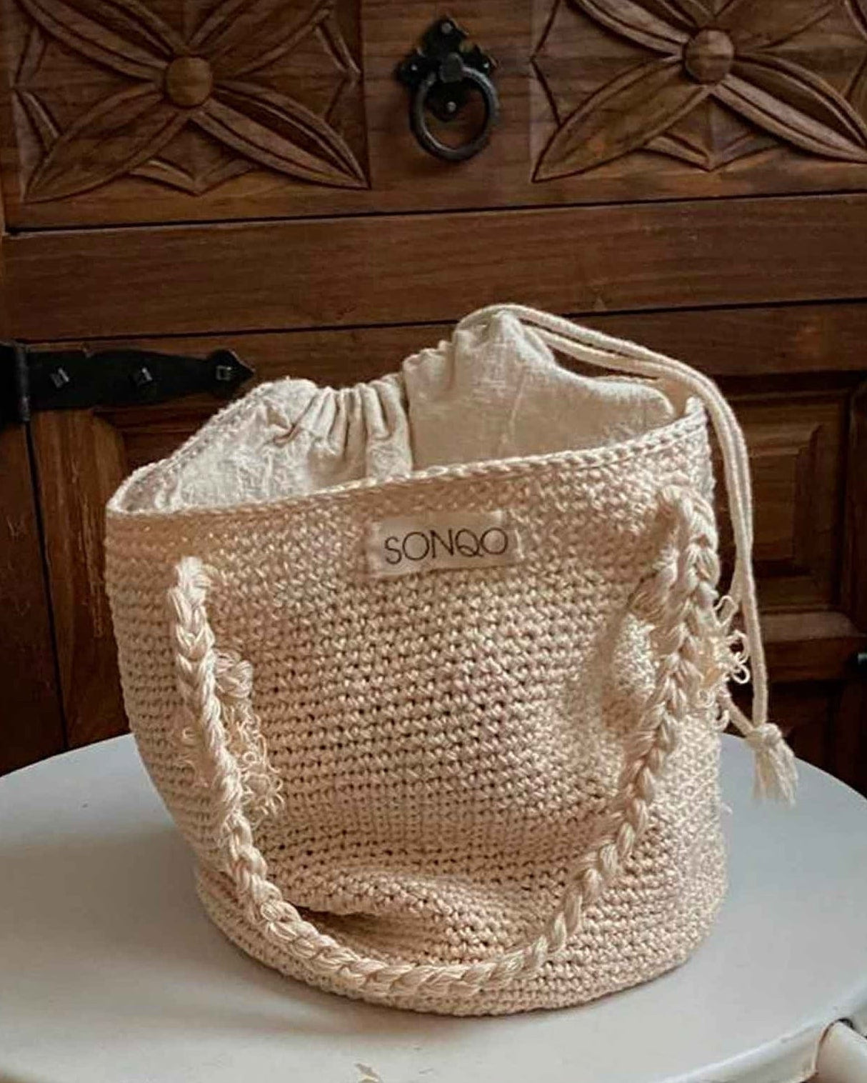 Handmade Crochet Cotton Tote Bag | Short Strap Wrist Bag
