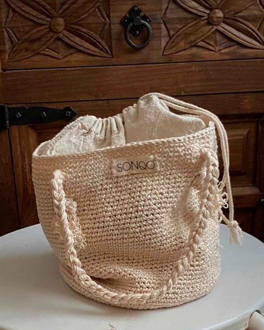 Handmade Crochet Cotton Tote Bag | Short Strap Wrist Bag