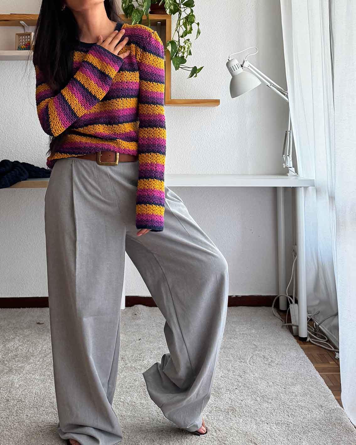 Crochet Alpaca Sweater Top: Striped Knit, Handmade