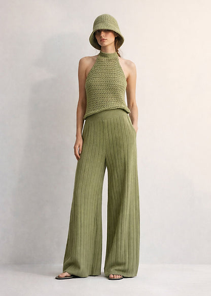 Green Eco Cotton Palazzo Pants, Wide Leg Culottes, Sustainable Clothing